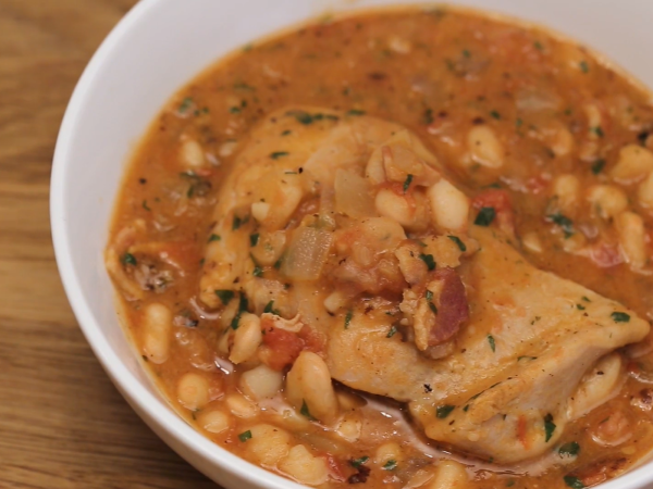 Braised Chicken Thighs With Bacon, White Beans & Tomato