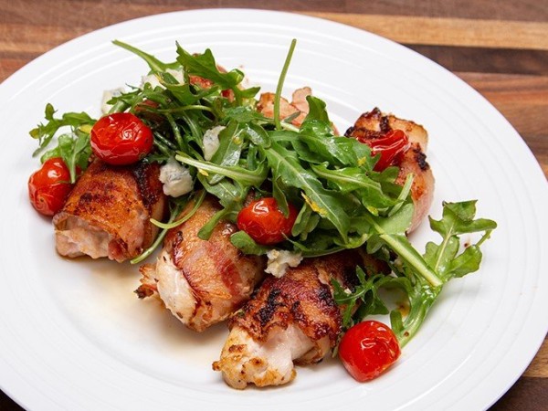 Bacon Wrapped Chicken with Blistered Grape Tomato & Arugula Salad