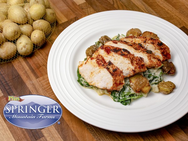 Seared Chicken Breast with Fried New Potatoes and Creamed Spinach