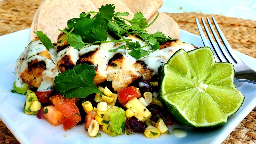 Grilled Tequila Lime Chicken with Corn, Avocado, Tomato & Black Bean Salad and Avocado Crema