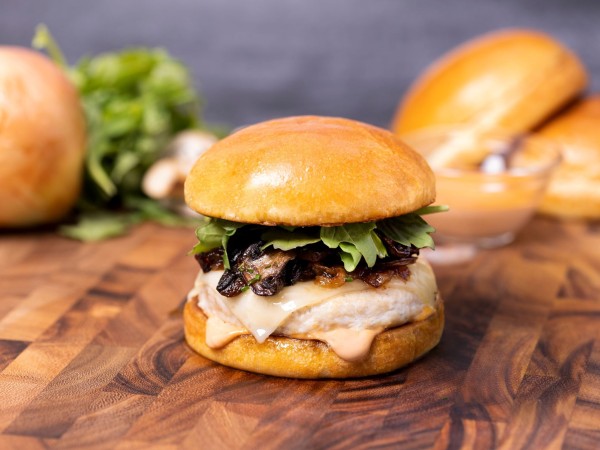 Mushroom Swiss Chicken Burger with Arugula and Caramelized Onions
