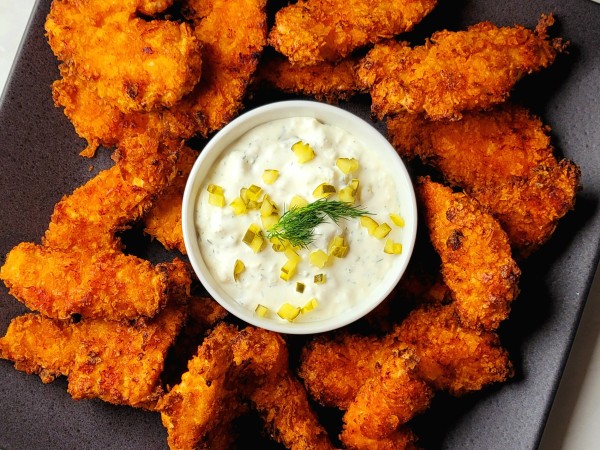Barbecue Potato Chip Crusted Chicken Fingers with Dill Pickle Dipping Sauce