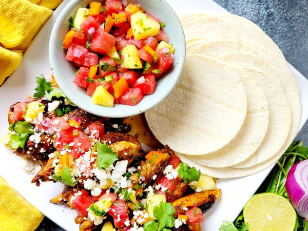 Honey Lime Chicken Tacos with Watermelon-Pineapple Salsa and Feta Cheese