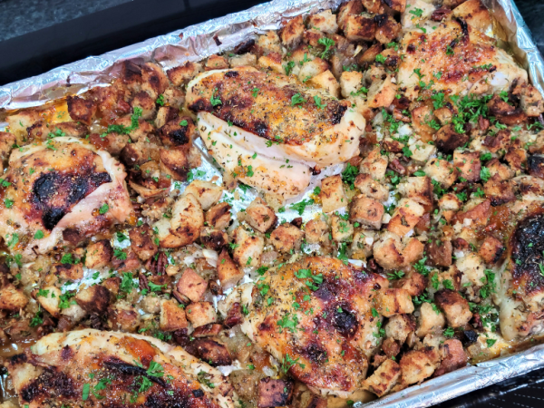 Apricot Bourbon Glazed Sheet Pan Chicken with Apricot Toasted Pecan Herb Bread Stuffing