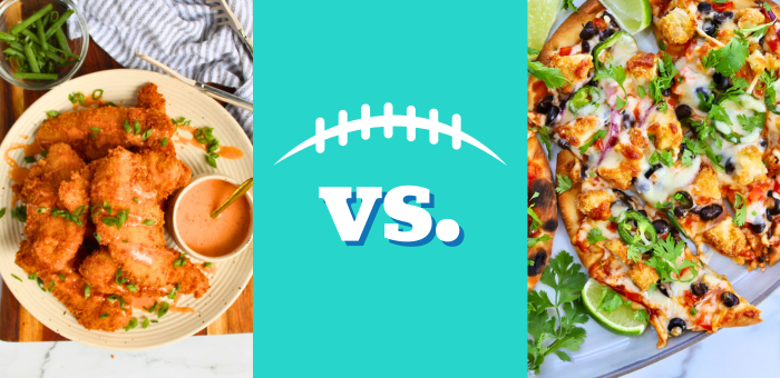 Springer Mountain Farms Bang Bang Chicken Tenders vs. Santa Fe Flatbread Pizza in tailgating food showdown for game day recipes.