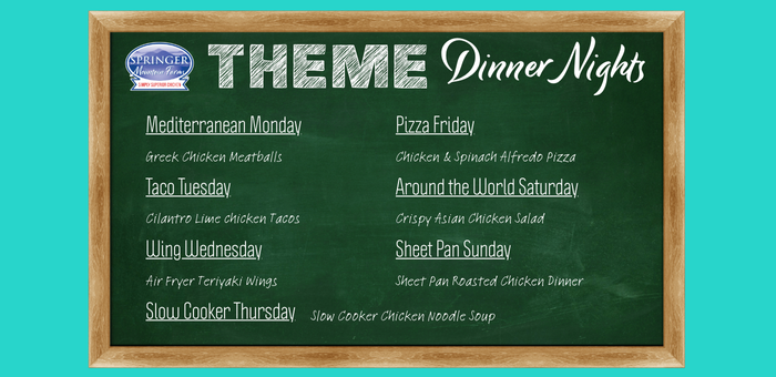 Chalkboard listing weekly dinner themes such as Taco Tuesday, Pizza Friday, and Sheet Pan Sunday for easy meal planning.