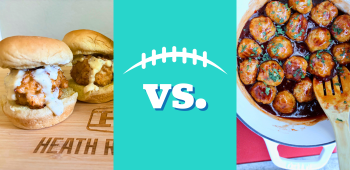 Buffalo Chicken Meatball Sliders with garlic aioli vs. BBQ Sweet Chili Chicken Meatballs – Springer Mountain Farms chicken game day matchup.