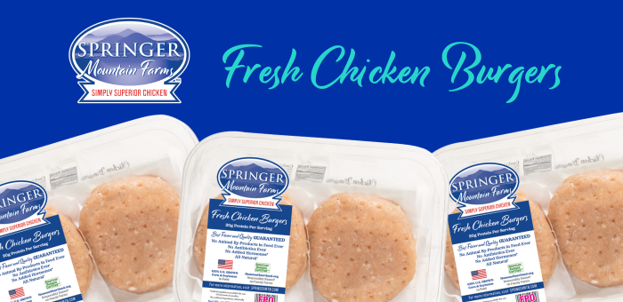 Springer Mountain Farms Fresh Chicken Burgers in retail packaging displayed against a blue background with the Simply Superior Chicken™ logo and “Fresh Chicken Burgers” text.
