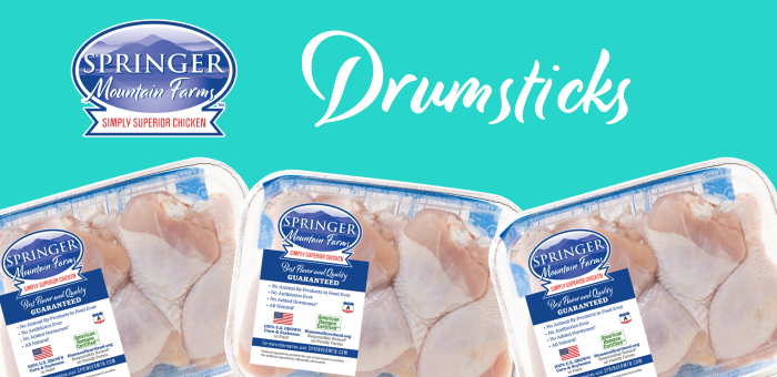 Promotional graphic featuring packages of Springer Mountain Farms chicken drumsticks against a teal background with the text “Drumsticks” and the SMF logo.