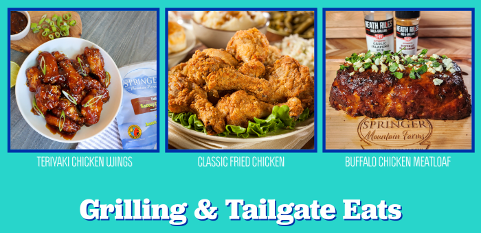 Collage of game day and tailgating chicken recipes including Teriyaki Chicken Wings, Classic Fried Chicken, and Buffalo Chicken Meatloaf topped with scallions.