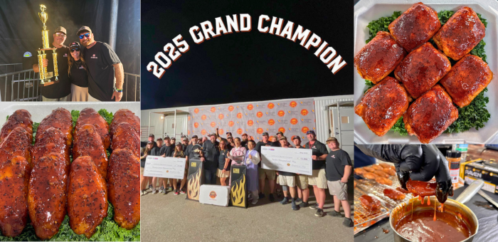 Collage highlighting the Heath Riles BBQ team’s success at Memphis in May 2025. Center: The team poses with oversized checks and awards in front of the winner’s backdrop under a banner that reads "2025 Grand Champion." Top left: Team members proudly hold the 2nd place Hot Wing trophy. Bottom left: Glazed hot wings lined up neatly on a bed of greens. Top right: Springer Mountain Farms chicken thighs with a shiny BBQ glaze. Bottom right: A team member dips a chicken wing in sauce. Heath Riles BBQ took Grand Champion, Rib Champion, and used Springer Mountain Farms Chicken to win 2nd place Hot Wing and 11th place Poultry.