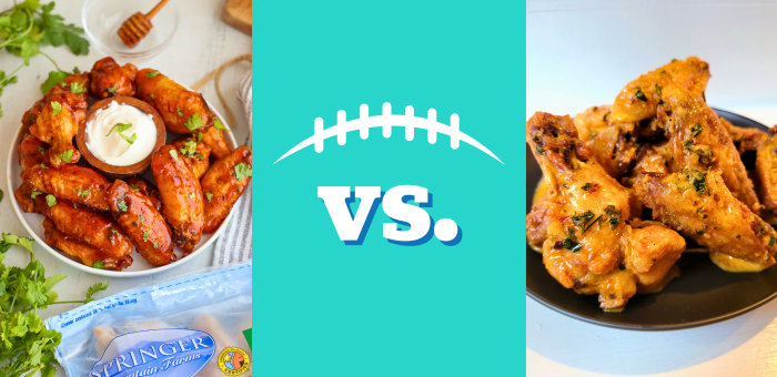 Honey Buffalo Chicken Wings vs. Crispy Cowboy Butter Wings – Springer Mountain Farms tailgating wings faceoff.