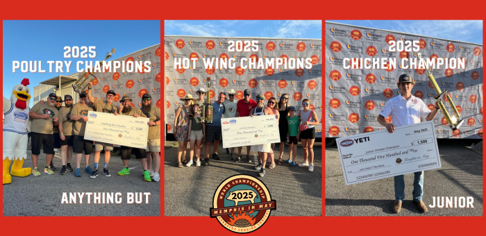Three winning teams proudly pose with oversized checks and trophies in front of the Memphis in May 2025 backdrop. Left: The "Anything But Poultry" champions, Wicker's, celebrate with a Springer Mountain Farms mascot. Center: The Hot Wing champions, Cotton Pickin Porkers, hold their check and awards as a group. Right: The Junior Chicken Champion from KB’s Outdoor Kitchen holds a trophy and check, smiling solo in front of the event signage.