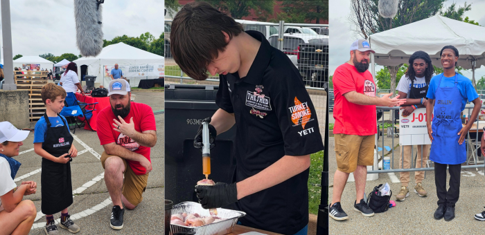 Three images of junior competitors at the Memphis in May 2025 Kid’s Q event. Left: A young boy in an apron speaks with Tony Lane from The Dude Network while being filmed; a woman crouches nearby, smiling. Center: A teenage competitor in a black Turkey Smoke shirt injects marinade into Springer Mountain Farms chicken. Right: Tony Lane interviews two older junior contestants in front of their tent, one smiling proudly while wearing a blue apron labeled "GRILLIN’ Wildcats."