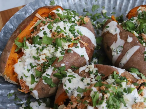 Buffalo Chicken Stuffed Sweet Potatoes