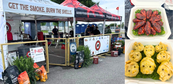 Ruthless Hogs BBQ competition setup at Memphis in May, featuring a red-and-white tent with signage reading “Get the Smoke. Burn the Shells.” and a fenced cooking area surrounded by bags of charcoal. To the right, two turn-in boxes are shown: the top contains neatly arranged, saucy hot wings on a bed of lettuce; the bottom showcases whimsical chicken pot pies shaped like small pigs, complete with eyes and snouts, for their poultry category submission.