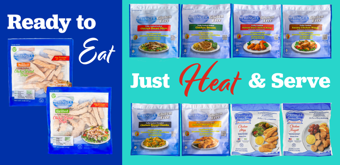 Springer Mountain Farms fully cooked chicken products, including ready-to-eat grilled chicken strips and heat-and-serve chicken entrées, perfect for quick and easy family meals.