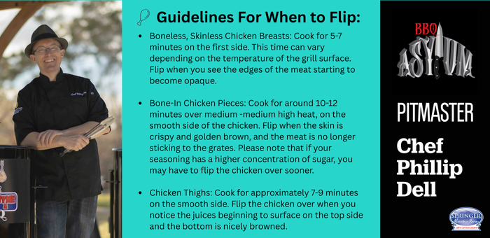 Instructional graphic featuring pitmaster Chef Phillip Dell from BBQ Asylum sharing grilling tips on when to flip chicken. Guidelines include: boneless, skinless chicken breasts should be flipped after 5–7 minutes when edges become opaque; bone-in pieces after 10–12 minutes when skin is crispy and meat releases from grates; and chicken thighs after 7–9 minutes when juices surface and the bottom is browned. The image includes a photo of Chef Dell holding grilling tongs, with Springer Mountain Farms branding.