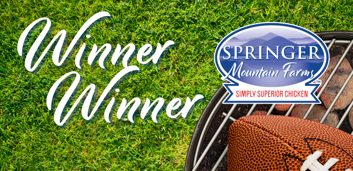 Springer Mountain Farms Winner Winner Chicken Dinner football tailgating food graphic with grill and football on grass.