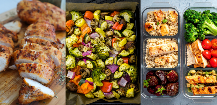 Preparing air fryer chicken breasts and vegetables for weekly meal prep
