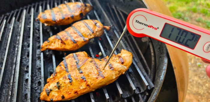 Checking grilled chicken breast temperature with thermometer at 165 degrees
