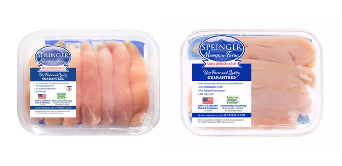 Side by side comparison of packages of Springer Mountain Farms tenderloins and breast strips.