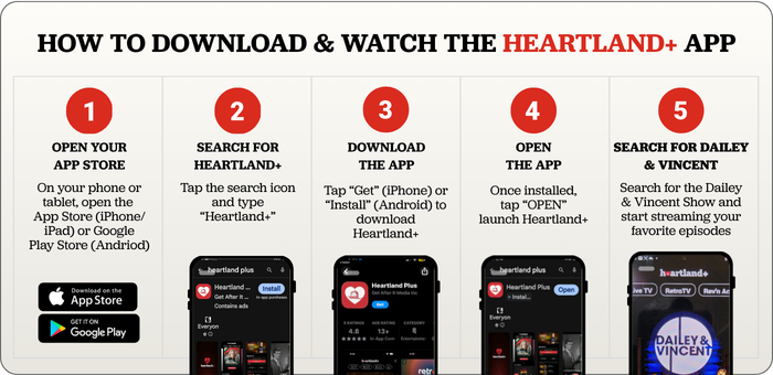 Step-by-step guide showing how to download the Heartland+ app, search for The Dailey & Vincent Show, and begin streaming full Season 9 episodes on a mobile device.