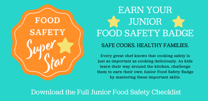 Food safety badge graphic for kids featuring safe cooking practices, proper chicken handling, handwashing, thermometer use, and kitchen safety education.