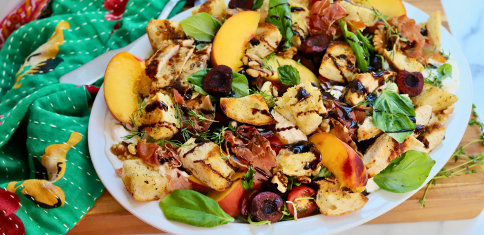 summer stone fruit salad with grilled chicken peaches fresh herbs olives and toasted bread